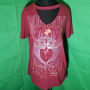 Bon Jovi 93 Tour Keep The Faith T Shirt Burgundy Peep Hole Womens Size L
